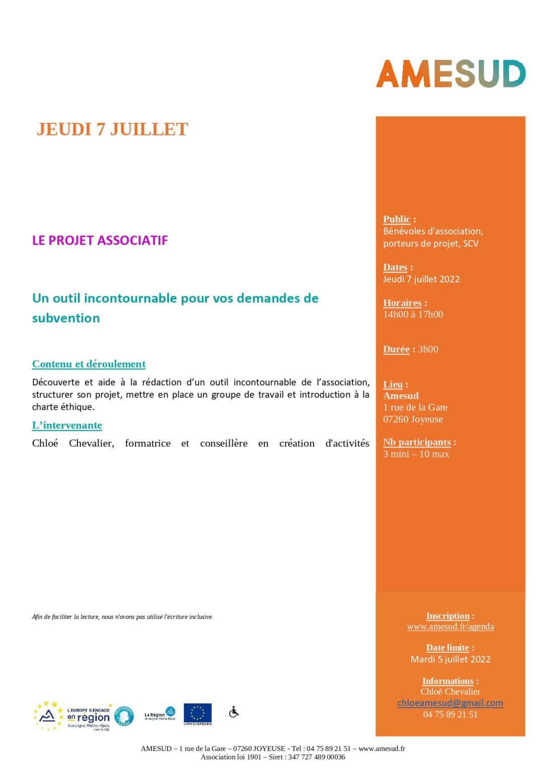 Formation gratuite « le projet associatif un outil incontournable pour vos demandes de subvention » – Joyeuse (07)