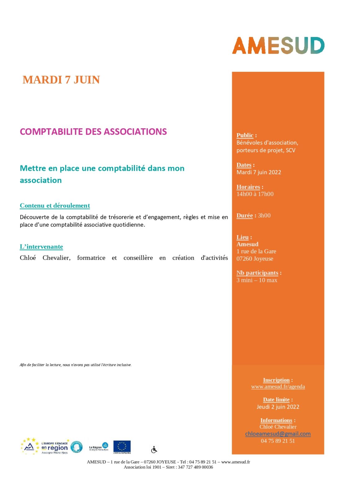 Formation gratuite « comptabilité associative niveau 2 » – Joyeuse (07)